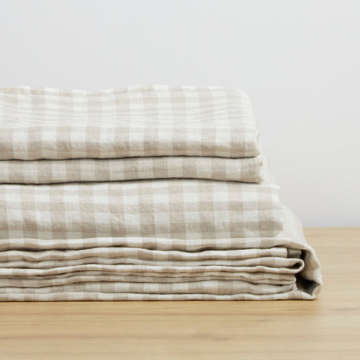 Natural Gingham, Linen Sheet Set, 100% French Flax Linen