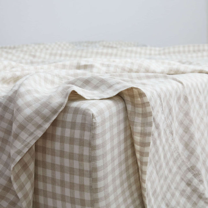 Natural Gingham, Linen Flat Sheet, 100% French Flax Linen